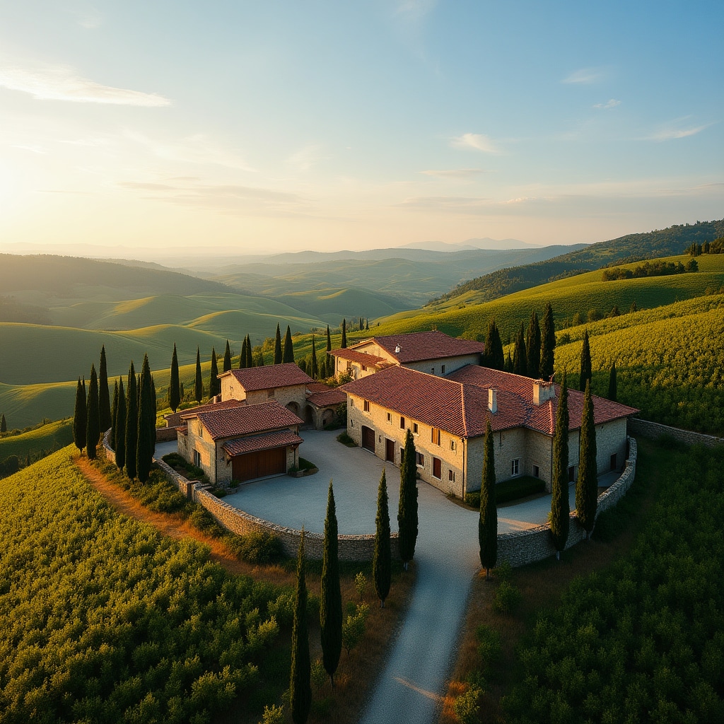 Vista panoramica di un agriturismo italiano tra colline verdi