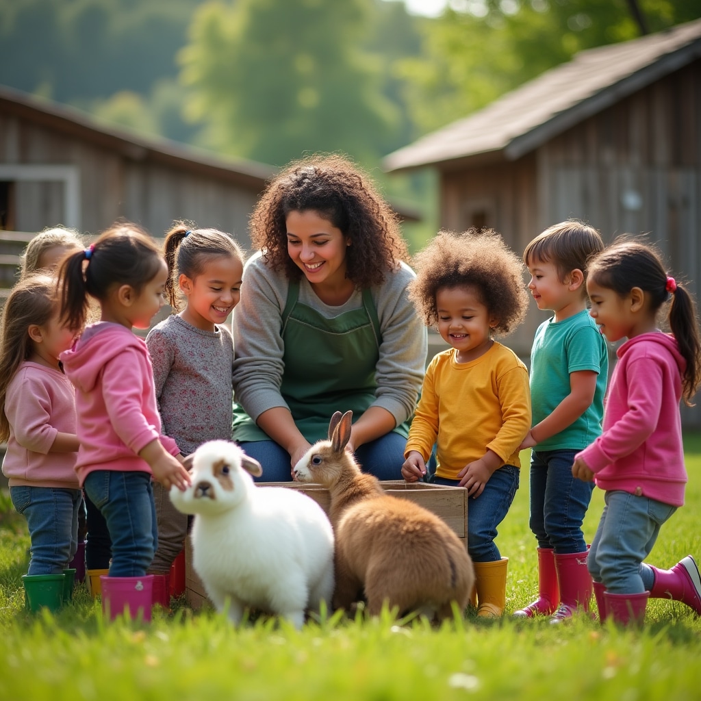 Bambini in visita a una fattoria didattica con animali da cortile