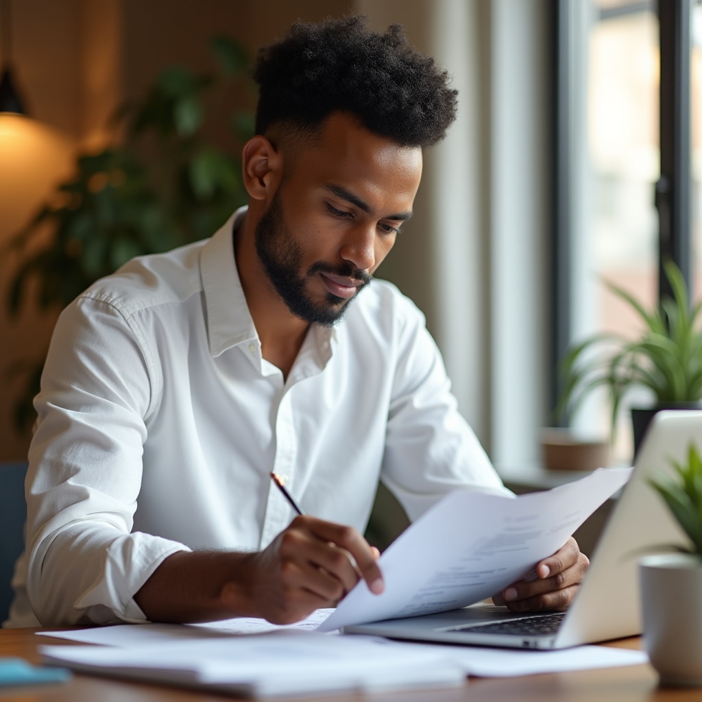 Gestore di agriturismo che consulta documenti normativi al tavolo di lavoro