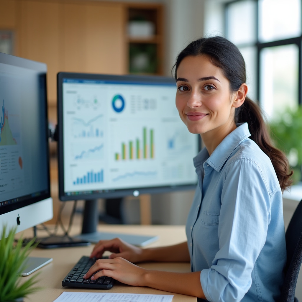 Operatore che verifica i report statistici su monitor in ufficio moderno