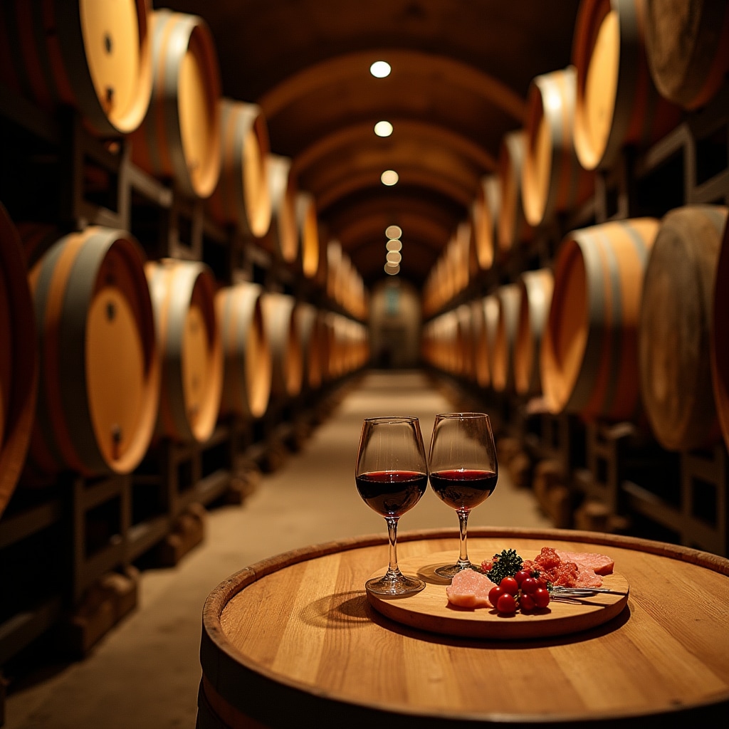 Cantina vinicola con botti di legno e area degustazione