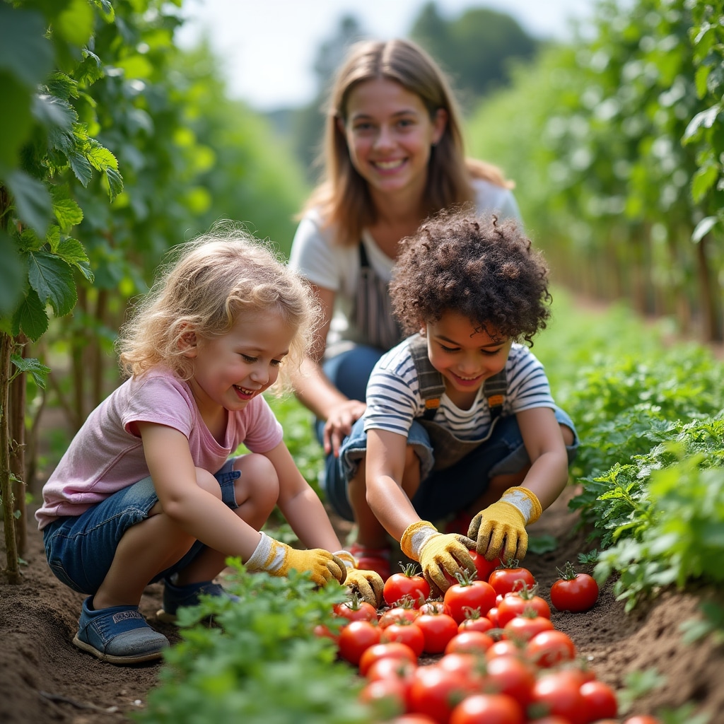 Fattoria didattica con bambini che raccolgono ortaggi nell'orto
